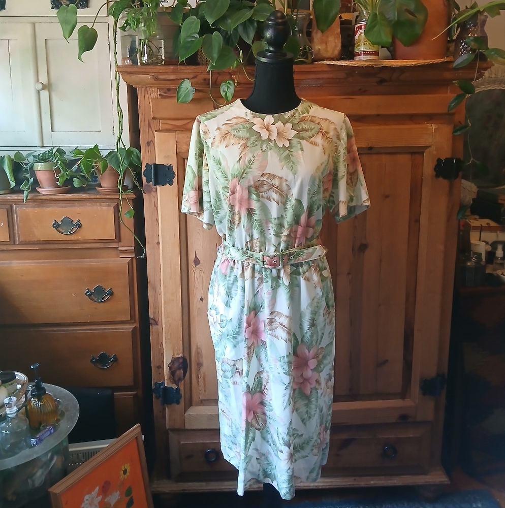 80s Vintage Tropical Hawaiian Print Summer Floral Dress Rockabilly Pinup Size 14